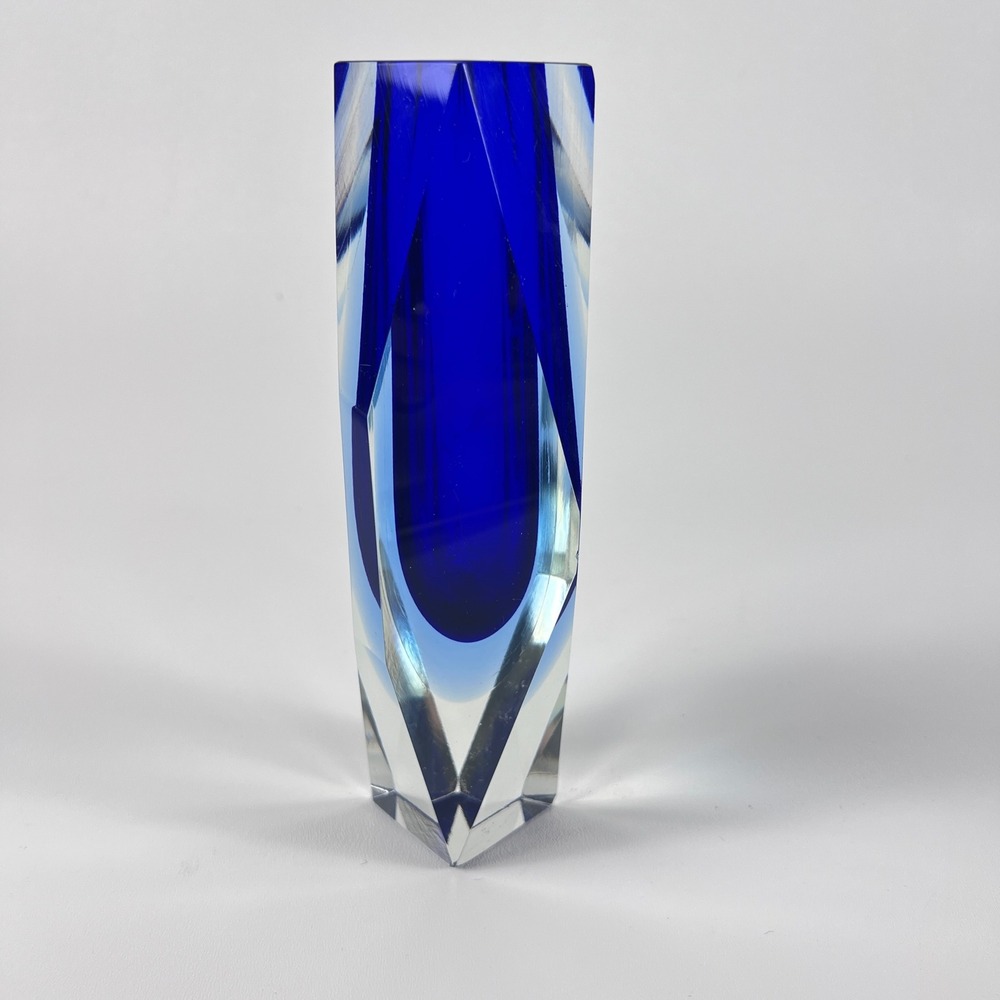 Vintage Mid-Century Cobalt Blue & Clear Cased Art Glass Faceted Vase 8"